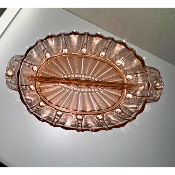 Pink Glass Oval Relish Tray with Handles – Vintage Sunburst Pattern - Picture 1 of 11